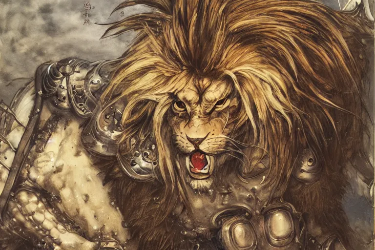 Image similar to 8k Yoshitaka Amano painting of upper body of a young cool looking lion beast-man at a medieval market at windy day. White mane, Depth of field. He is wearing complex fantasy armors. He has huge paws. Renaissance style lighting.