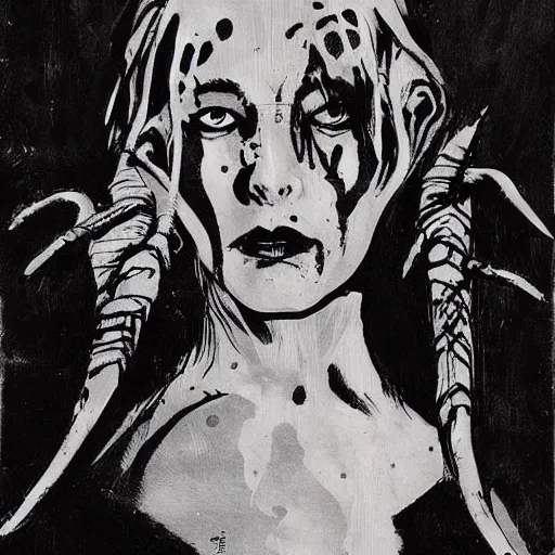 Prompt: portrait of a scandinavian holy undead witch female with animal horns, satanic kvlt by peder balke by peder balke by greg rutkowski, by guido crepax by norman bluhm mystic high contrast monochromatic noir