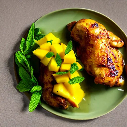 Prompt: a photo of michelin star graded gourmet plate of chicken fillet with mango and mint sauce, high detail, professional photograph, decorations