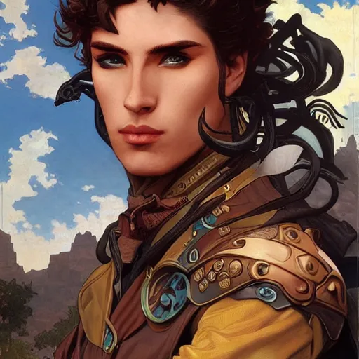 Prompt: a comic book portrait painting of a fantasy steampunk male, highly detailed, art by tristan eaton and artgerm and william - adolphe bouguereau