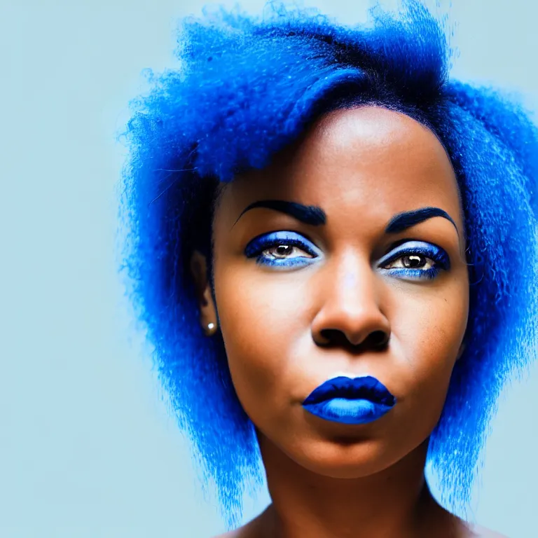 Image similar to black woman with blue hair, portrait, very realistic, highly detrailed