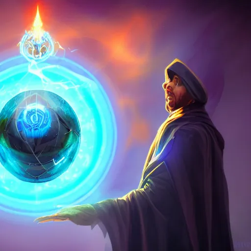 Image similar to a warlock is casting a magic spell, while magic orb is floating in his hand, the magic orb emit a blueish vapour, dynamic pose, chromatic aberration , medium level shot, Mucha style , Grim fantasy, illustration ,concept art,