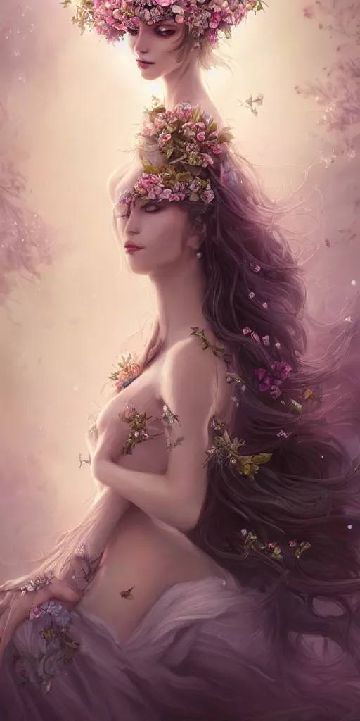 Prompt: A beautiful fantasy empress, just one head, flower tiara, long hair, wearing dramatic aristocrat robe, delicate figure, field of fantasy flowers, foxes and deer, epic composition, ultra wide-shot, dynamic pose, concept art, dramatic lighting, digital painting, smooth, character design, ((sharp focus)), elegant, intricate, trending on artstation, by WLOP and James Jean and Victo Ngai