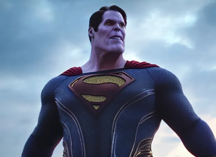 Prompt: film still of thanos as superman in the new superman movie, 4 k, highly detailed face, detailed eyes