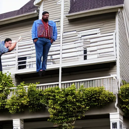 Image similar to A giant man kneeling in front of a house to talk to a regular sized man who is standing on the second floor balcony