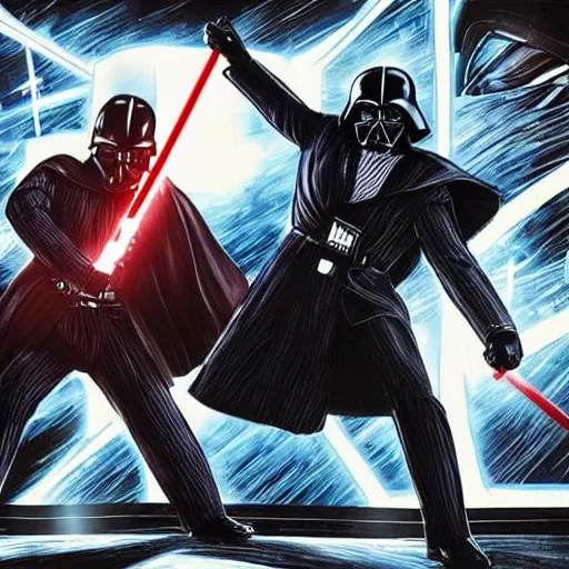 Image similar to Saul Goodman battling Darth Vader with lightsabers on the death star, 4K, detailed