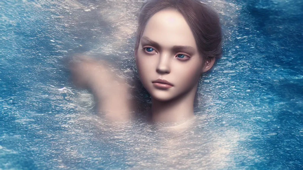 Prompt: a centered wide shot of an single lonely full body made water female humanoid swimming in the ocean depths, omnious , elegant, transluscent, reflections, focus, detailed, realistic eyes, horizontal partial symmetry features proportions, intricate facial skin details, award winning, trending in cgsociety artstation deviant art, octane render