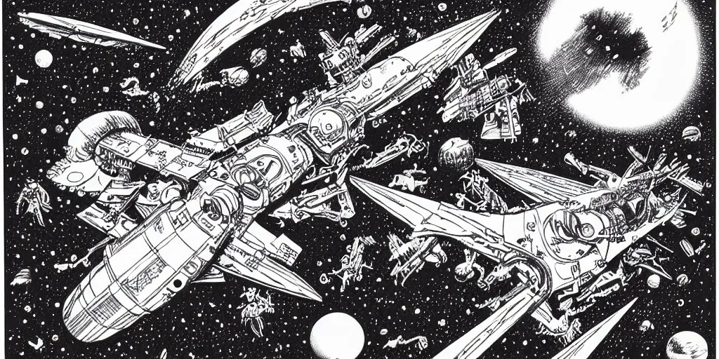 Image similar to spaceship in space flying to the mars by joe fenton and virgil finlay