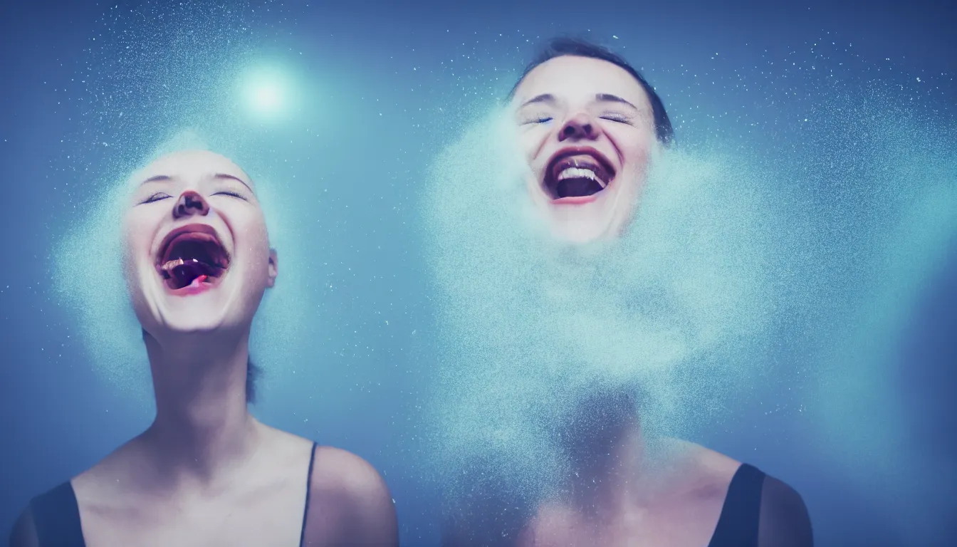 Image similar to humans , feedback loop , burst of powders ,volumetric lighting, twisting vapour, bellowing dust , emerging hands and beautiful laughing with woman’s face , full colour , upscale , 4k