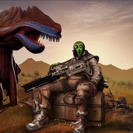 Prompt: futuristic big game hunter sitting for a photo next to his large alien creature, proud, feat, wild world, large futuristic rifle, colonial helmet, style of moebius