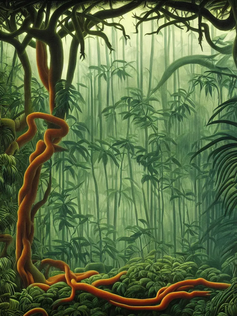 Image similar to A beautiful painting of a foreboding atmosphere inside the lush Malaysian jungle, dense exotic rainforest flora and fauna where time seems to stand still, creeping tree vines that looks like bloody entrails, tree roots like severed limbs by Martin Johnson Heade, Hiroshi Sugimoto, Henri Rousseau, medium close up shot, wide angle lens, photo realistic, anaglyph filter, cinematic mood lighting, National Geographic photograph, cinematography of Apocalypse Now (1977), trending on Art Station.