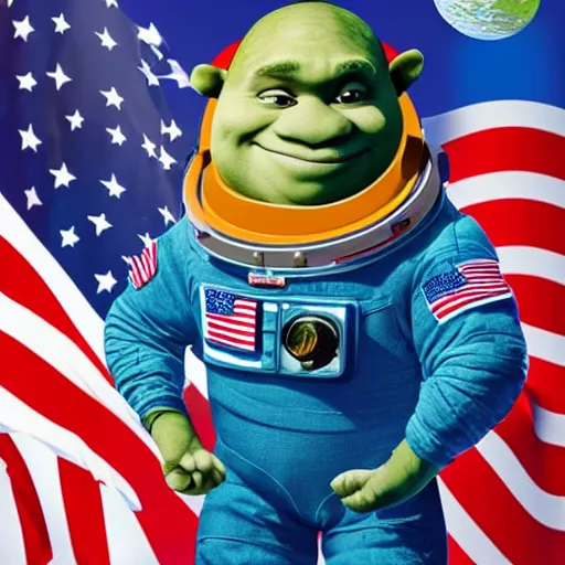 Prompt: astronaut photo of shrek in space suit holding helmet, American flag in background, photorealistic, portrait