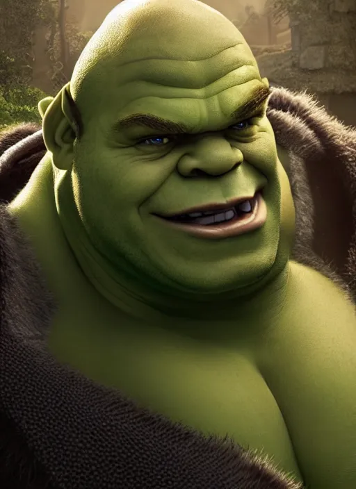 Image similar to portrait of shrek as hulk, naturel, hyper detailed, digital art, trending in artstation, cinematic lighting, studio quality, smooth render, unreal engine 5 rendered, octane rendered, art style by klimt and nixeu and ian sprigger and wlop and krenz cushart.