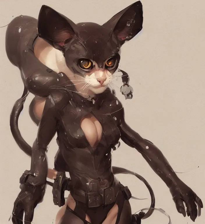 Image similar to anthropomorphic female cat, character art, illustration, digital art painting, trending on artstation, by masamune shirow, by greg rutkowski