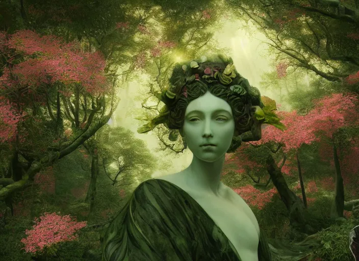 Image similar to a portrait of idealistic marble statue with fractal flowery hair and fair porcelain face and green eyes, in a magical forest, painted by, mc escher, gordon onslow ford, georgia o'keeffe and ivan aivazovsky, cinematic light, god rays, colourful, unreal engine, zbrush central,