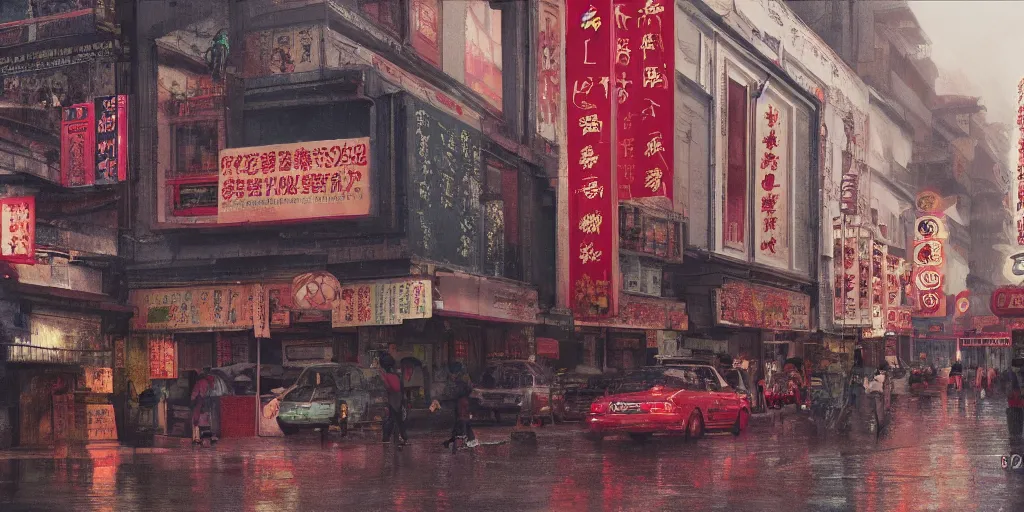 Image similar to an old cinema at a quiet petaling street in chinatown, kuala lumpur, rainy day, matte painting, studio ghibli, artstation