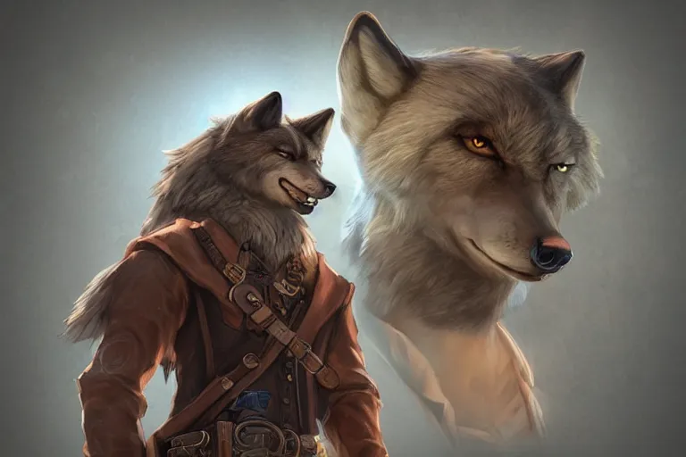 Image similar to character portrait icon of the anthro male anthropomorphic wolf fursona wearing cowboy outfit wild west desperado character design by charlie bowater, ross tran, artgerm, and makoto shinkai, detailed, soft lighting, rendered in octane