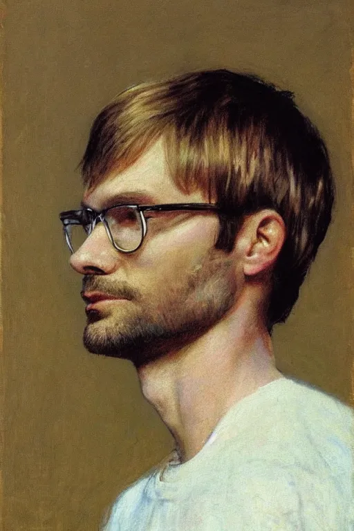 Image similar to portrait of jeffrey dahmer on the teenage in 1 9 7 0 by ilya repin