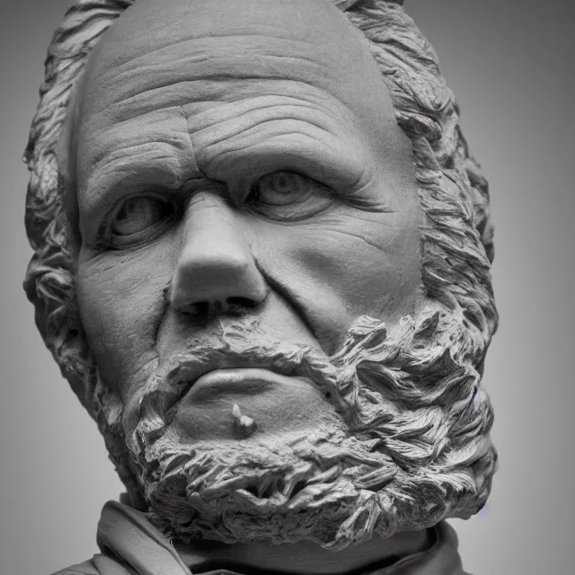 Prompt: photography of a sculpture of Arthur Schopenhauer made of clay by Sebastian Kruger and Michelangelo, 50mm, studio atmosphere, 8K, rim light, octane render, ultra-realistic