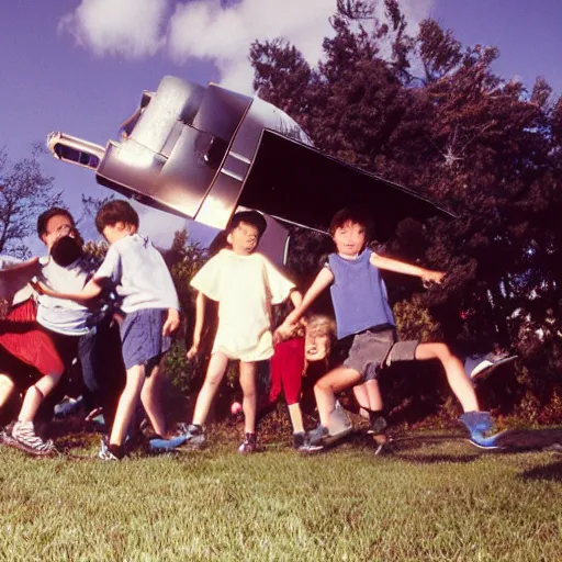 Image similar to a group of kids in the 1990’s find a fallen spaceship. Wide angle lens. 85mm lens. Award winning photograph.