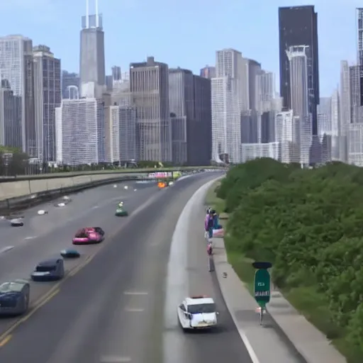 Prompt: live footage of a giant katamari rolling down chicago's lake shore drive, 4 k screen capture