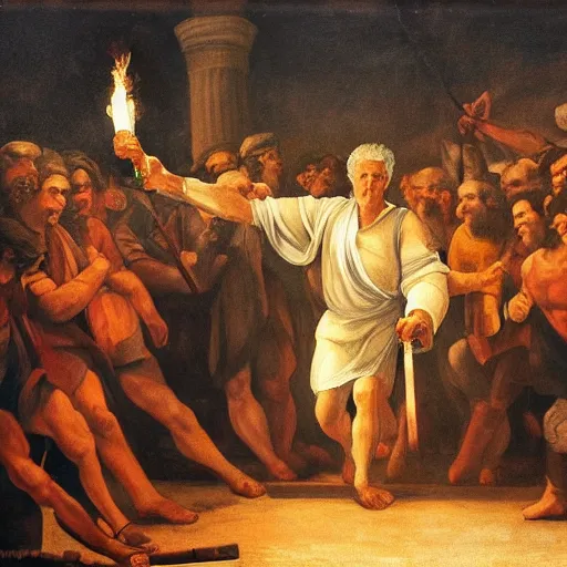 Prompt: a painting of Yair Lapid holding a torch and leading a crowd of people in the style of Michaelangelo