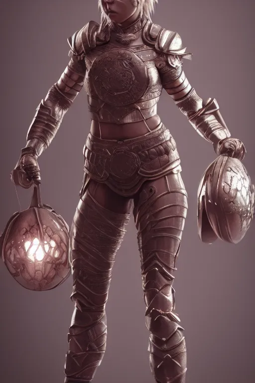 Image similar to a highly detailed sculpt of athletic girl in armor, ornaments, cinematic light, featured on artstation, octane render, path tracing, sharp focus, 4 k