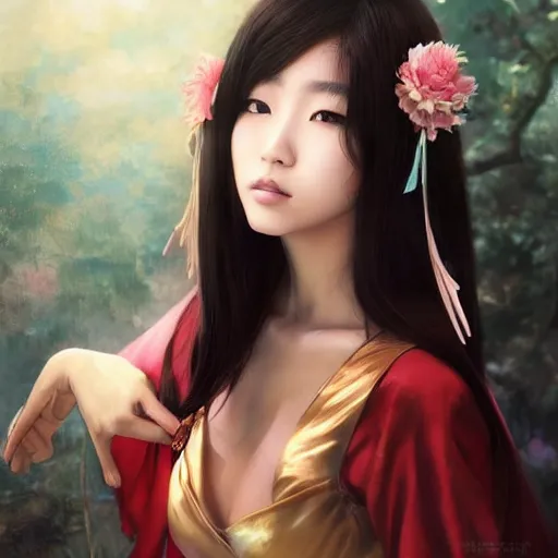 Image similar to A masterpiece portrait of a Incredibly beautiful Asian girl model in anime cosplay. Vogue. trending on artstation, digital art, by Stanley Artgerm Lau, WLOP, Rossdraws, James Jean, Andrei Riabovitchev, Marc Simonetti, Yoshitaka Amano