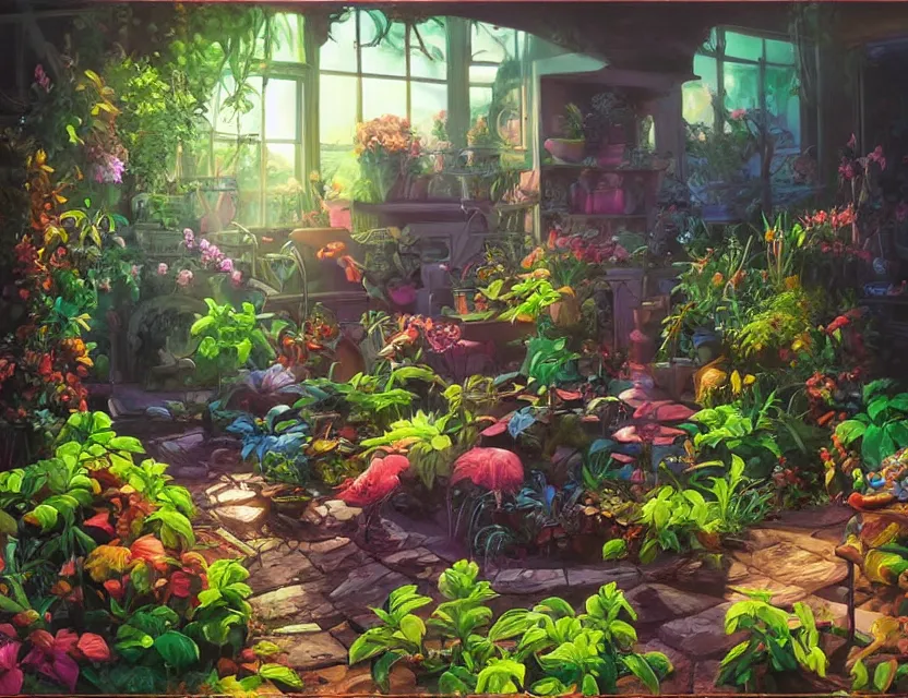 Prompt: plastic garden. oil painting by award - winning comic artist. backlighting, chiaroscuro, depth of field, luminescent colors.