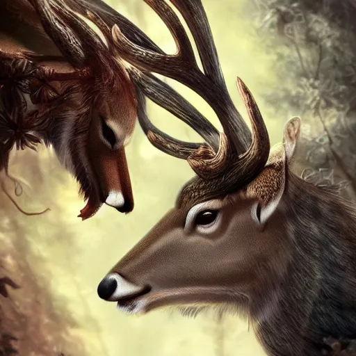 Image similar to hybrid between deer and dragon, profile, fantasy, extremely detailed, nature photography, artstation