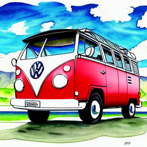 Image similar to fisheye perspective caricature watercolor painting of a vw volkswagen bus, bulli, type - 2, microbus, kombi from pixars cars with eyes instead of a windshield flying towards the camera, jumping at the viewer doors fully open, luggage in the air, dynamic action shot, fish eye lense, frontal, huge vulcano is seen in the background