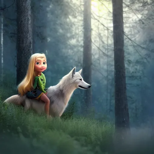 Prompt: medium shot young girl, blond hair green eyes, astride a gray wolf, in a dark forest, mysterious, backlit, perfact face, beautiful still from a pixar dreamworks movie, trending on artstation