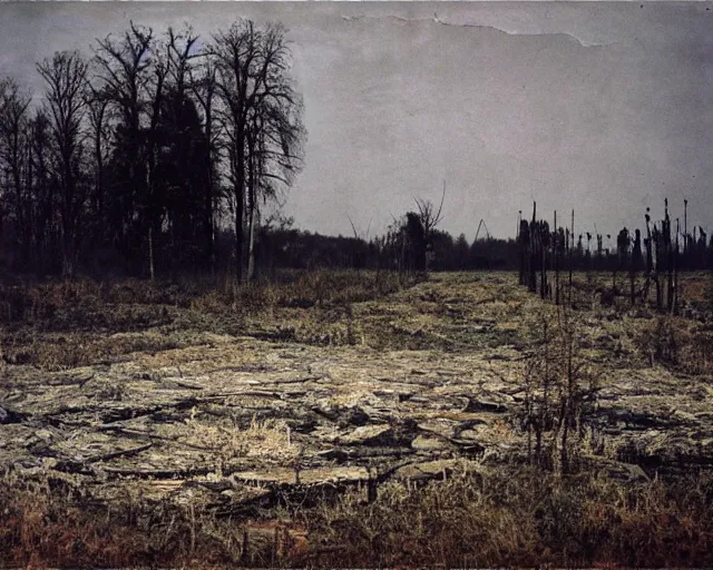 Prompt: A haunted landscape. Anselm Kiefer.