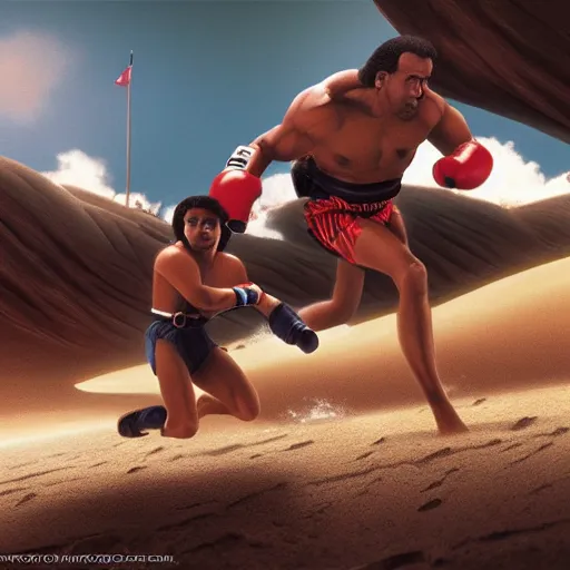 Image similar to rocky iii racing apollo and rocky on the beach, matte painting, art concept, unreal engine, in the style of dune movie poster