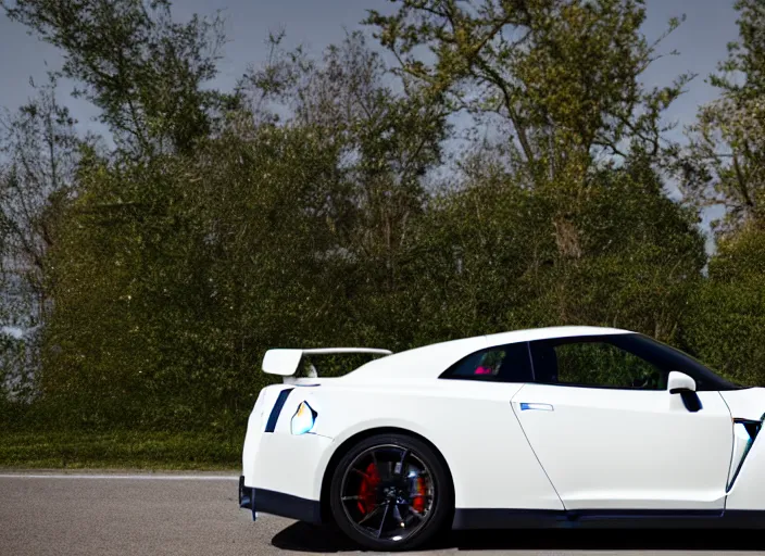 Image similar to 105mm photograph f1.8 full view mid distance front side view white Nissan GT-R showroom beautiful lighting from 2015