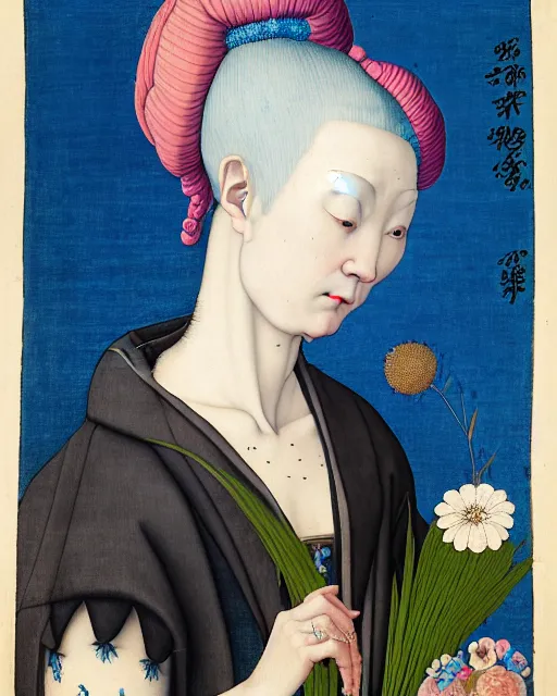 Prompt: portrait of a woman with blue hair buns, wearing a black suit, walking in a street full of plants, flowers and people, intricate details, high detail, in the style of rogier van der weyden and jacopo da pontormo, punk, asian art, masterpiece