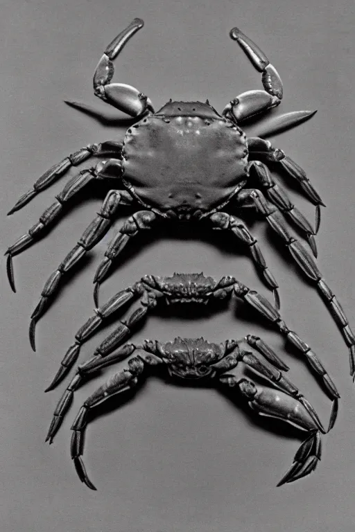 Prompt: a vintage photo of a creature that has the head of a man but the body of a crab