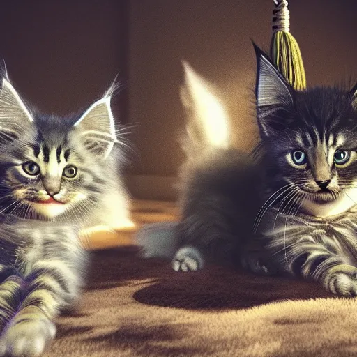 Prompt: a dark and dusty parlor. a dusty sunbeam shines into the room. in the middle is a playful maine coon kitten. the kitten bats toys around on a colorful tassel fringed rug. 8 k, 4 k, hyperrealistic digital art, artstation