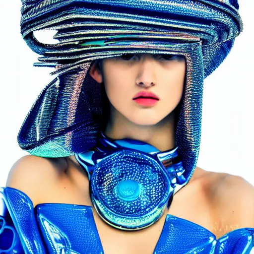 Prompt: close up of a female fashion model in year 3000 at beach, model wearing a huge surreal Avant-garde helmet in blue, photography , official Versace editorial , highly detailed