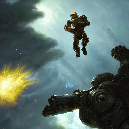 Image similar to Master chief falling from orbit, atmospheric re-entry, UHD, 4K, highly detailed, sharp focus, photorealistic, by Thomas Kincade, Greg Rutkowski, Trending on Art station.