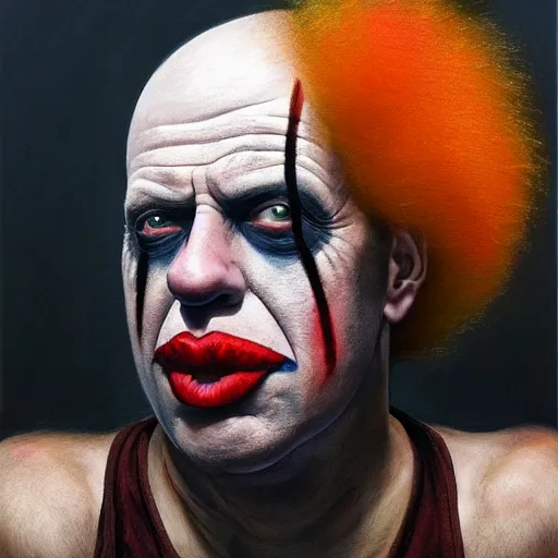 Prompt: UHD hyperrealism painting of Bruce Willis dressed as a clown, wearing clown makeup, by Antonio Caparo and Ferdinand Knab and Greg Rutkowski, UHD, photorealistic, trending on artstation, trending on deviantart, correct face, real clown makeup