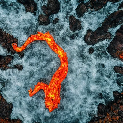 Prompt: candid photograph of a mythological western dragon bathing in lava, cryptid, unexplained phenomena, drone photography, 8k