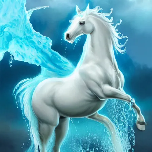 Prompt: a fantastical transparent small turquoise spirit horse made of water and foam and algae and ice, splashing water, wave, translucent, ethereal, noble, radiant, hyperalism, scottish folklore, digital painting, artstation, concept art, smooth, 8 k frostbite 3 engine, ultra detailed, art by artgerm and greg rutkowski and magali villeneuve