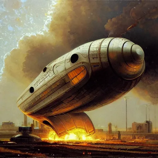 Image similar to a roman spaceship, stuck in the ground, the spaceship is on fire, smoke, rainstorm, lightning, angry, kinetic, adolphe bouguereaum, norman rockwell, trending on artstation, highly detailed oil painting,