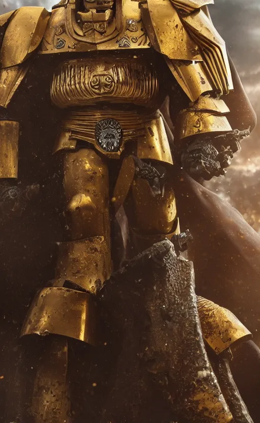 Image similar to Henry Cavill as warhammer 40k Emperor of Mankind dressed in his golden power armor. full-length portrait, beautiful face, long hair, painted by Donato Giancarlo and Annie Liebowitz, fine details, cinematic, highly detailed, octane render