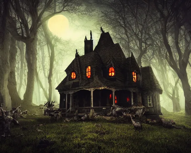 Image similar to the scariest witches house in the scariest dark forest, scary animals, epic scene, dark, scary, horror, frightening, fantasy, cinematic, redshift render, cgi, hyper - detailed, photo - bash, 8 k post - production, masterpiece