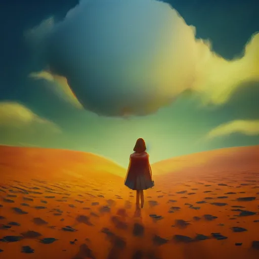 Prompt: closeup huge dahlia flower under head, a girl walking between dunes, surreal photography, sunrise, blue sky, dramatic light, impressionist painting, digital painting, artstation, simon stalenhag