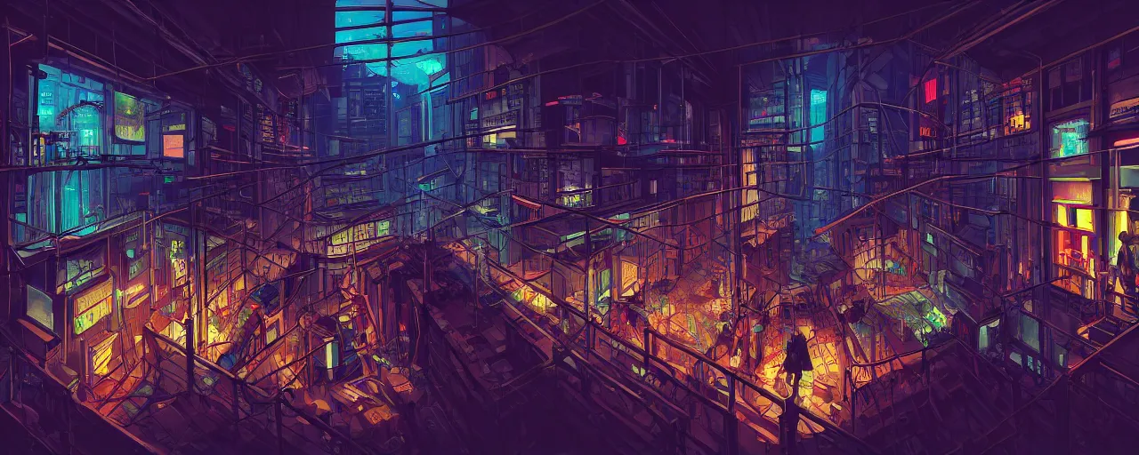 Prompt: A cyberpunk jail, by Naomi Okubo, landscape, dramatic lighting, high contrast colors, panoramic view, as trending on Artstation, highly detailed,