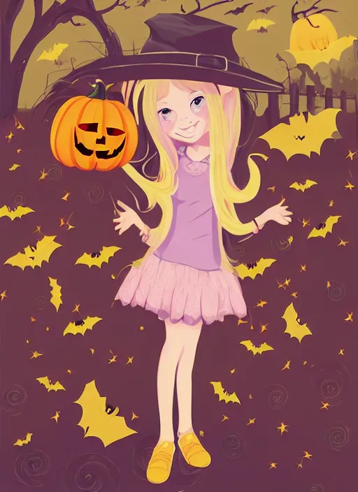 Image similar to three year old girl with long blonde hair in a halloween scene. she is carrying a candy bucket. clean cel shaded vector art. shutterstock. behance hd by lois van baarle, artgerm, helen huang, by makoto shinkai and ilya kuvshinov, rossdraws, illustration, art by ilya kuvshinov