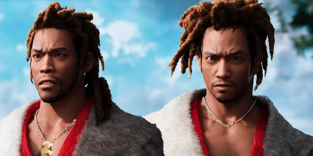Image similar to a film still of a black man starring in a japanese blockbuster film as eddy gordo from tekken, shallow depth of field, cinematic, award winning cgi, vfx, film still